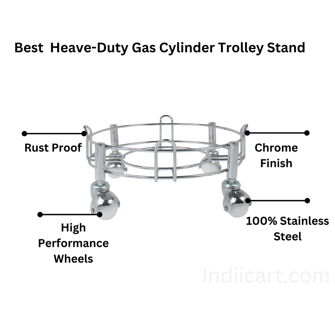 IndiiCart Heavy-Duty Stainless Steel Gas Cylinder Trolley Stand with White Wheels